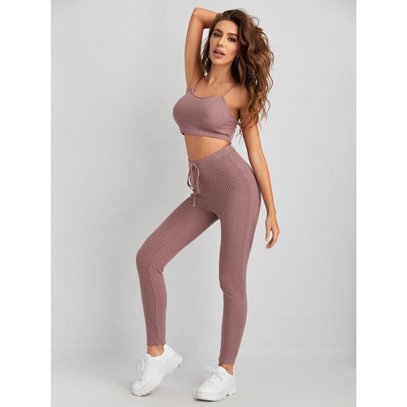 3 piece set: Waffle Knit Tank Top & Leggings & Coat cardigan tan gray - Picture 5 of 16